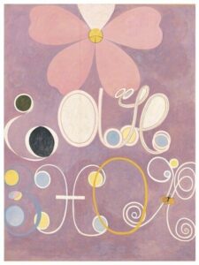 Abstract schilderij met bloemvorm, cirkels en sierlijke lijnen